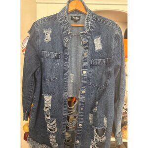 Womens Thrill Jeans Denim Distressed Jacket Sz 2X  Ripped 2 front Pockets Fringe